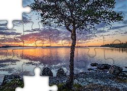 Jezioro, Lake Inari, Drzewo, Zachód słońca, Chmury, Finlandia