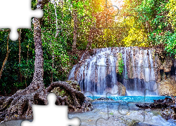 Wodospad, Erawan Waterfall, Drzewo, Korzenie, Park Narodowy Erawan, Prowincja Kanchanaburi, Tajlandia