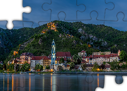 Góry, Rzeka Dunaj, Budowle, Domy, Drzewa, Kościół, Klasztor, Durnstein, Austria