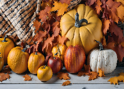 Jesień, Brązowe, Liście, Żółte, Białe, Dynie, Serweta, Al