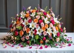 Bukiet, Kolorowe, Kwiaty, Róże, Lilie, Płatki, Stół