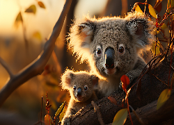 Koala, Mama, Dziecko, Konar, Drzewa, Gałązki