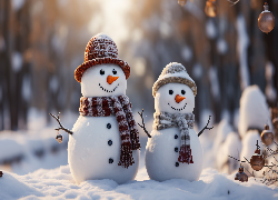 Dwa, Bałwanki, Czapki, Szaliki, Zima, Śnieg