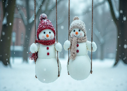 Dwa, Bałwanki, Zima, Grafika AI