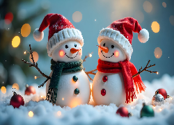Zima, Śnieg, Dwa, Bałwany, Czapki, Szaliki, Bombki, AI