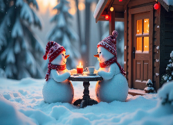 Zima, Śnieg, Dwa, Bałwanki, Czapki, Szaliki, Stolik, Świeca, Dom, AI