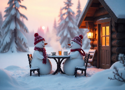 Zima, Dwa, Bałwanki, Czapki, Szaliki, Stolik, Krzesła, Dom