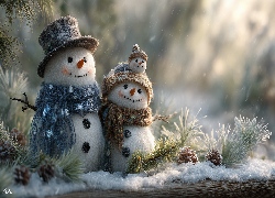 Dwa, Bałwanki, Kapelusze, Szaliki, Gałązki, Szyszki, Grafika AI