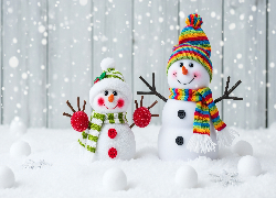 Dwa, Bałwanki, Kolorowe, Czapki, Szaliki, Śnieg, Grafika AI