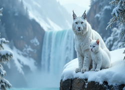 Białe, Rysie, Zima, Wodospad, Grafika AI