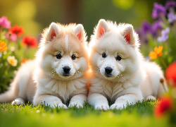 Dwa, Białe, Psy, Szczeniaki, Grafika AI