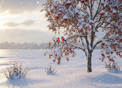 Zima, Jarzębina, Ptaki, Gile, Pole