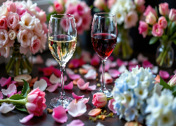 Dwa, Kieliszki, Wino, Kwiaty, Płatki