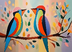 Dwa, Kolorowe, Ptaki, Grafika