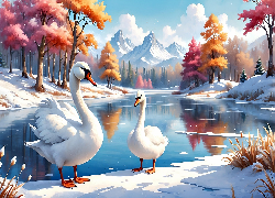 Ptaki, Łabędzie, Jezioro, Drzewa