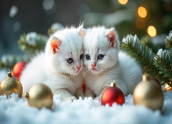 Dwa, Małe, Białe, Koty, Bombki, Śnieg, Grafika AI