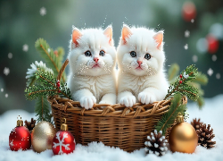Dwa, Białe, Koty, Koszyk, Bombki, Gałązki, AI