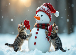 Zima, Bałwanek, Czapka, Szalik, Dwa, Małe, Koty