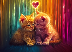 Dwa, Małe, Koty, Serduszko, Kolorowe tło