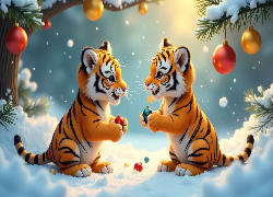 Tygrysy, Młode, Zima, Śnieg, Gałązki, Bombki, AI