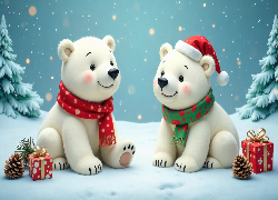 Zima, Dwa, Misie, Czapka, Szalik, Śnieg, Prezenty, Świąteczne