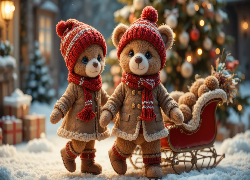 Dwa, Misie, Czapki, Kożuszki, Sanki, Choinka