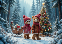 Zima, Dwa, Misie, Czapki, Kożuszki, Sanie, Prezenty, Udekorowana, Choinka, Las, Śnieg, Boże Narodzenie