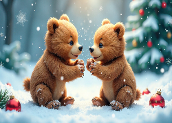 Niedźwiadki, Misie, Dwa, Zima, Śnieg, Bombki