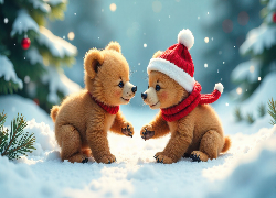 Zima, Dwa, Niedźwiadki, Czapka, Szalik, Śnieg, Grafika AI