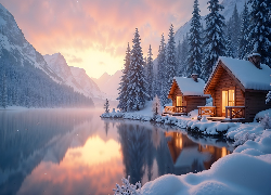 Góry, Jezioro, Drzewa, Drewniane, Domy, Ośnieżone, Zima