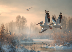 Dwa, Pelikany, Lot, Zima, Grafika AI