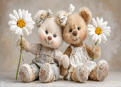 Dwa, Misie, Pluszowe, Kwiaty, Przytulanki, Grafika AI