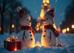 Zima, Śnieg, Dwa, Bałwany, Czapki, Szaliki, Prezent, AI