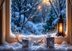 Kompozycja, Prezenty, Śnieg, Okno, Lampion, Grafika AI