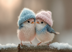 Dwa, Ptaki, Czapki, Gałąź, Śnieg, Grafika AI