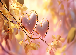 Dwa, Różowe, Serca, Gałązka, Żółte, Liście, Grafika AI