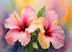 Różowe, Kwiaty, Hibiskus, Grafika