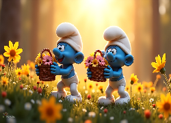 Dwa, Smerfy, Koszyczki, Kwiaty, Grafika