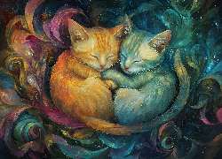 Śpiące, Przytulone, Dwa, Koty, Grafika