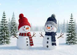 Zima, Dwa, Bałwany, Ośnieżone, Drzewa, Śnieg