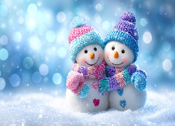 Dwa, Bałwanki, Kolorowe, Czapki, Szaliki, Śnieg, Grafika AI