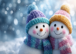 Dwa, Przytulone, Bałwanki, Kolorowe, Czapki, Szaliki, Grafika AI