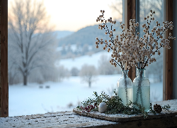 Zima, Wazony, Rośliny, Gałązka, Bombka, Szyszka, Kompozycja