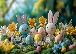 Wielkanoc, Pisanki, Kwiaty, Zajączki