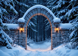 Zima, Murowana, Brama, Łuk, Dwa, Lampiony, Śnieg, Ośnieżone, Drzewa