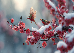 Zielono-czerwone, Ptaki, Czerwone, Kwiaty, Gałązka, Śnieg, Grafika AI