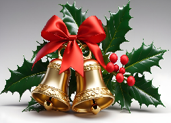 Świąteczne, Złote, Dzwonki, Gałazka, Ostrokrzew, Kokarda