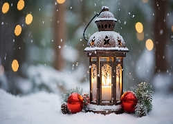 Zima, Śnieg, Lampion, Świeca, Gałązki, Świerk, Bombki, Boże Narodzenie