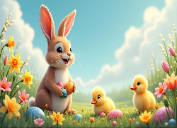 Wielkanoc, Królik, Dwie, Kaczuszki, Kolorowe, Pisanki, Kwiaty, Łąka