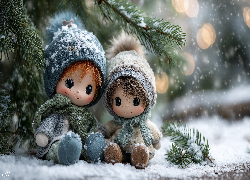 Lalki, Śnieg, Iglaste, Gałązki, Zima, Grafika AI